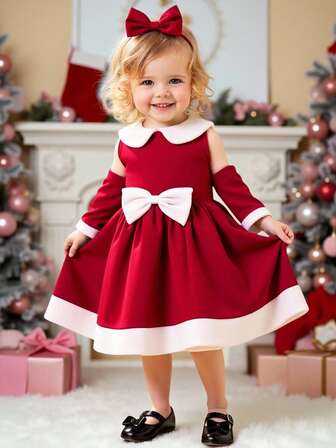 Glamorique Kids 女童优雅可爱圣诞红色无袖腰部收腰蝴蝶结薄纱连衣裙