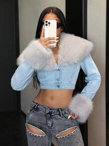 Jeanoix Women's Casual Y2K Faux Fur Collar Denim Jacket And Coat - Light Wash - View 1