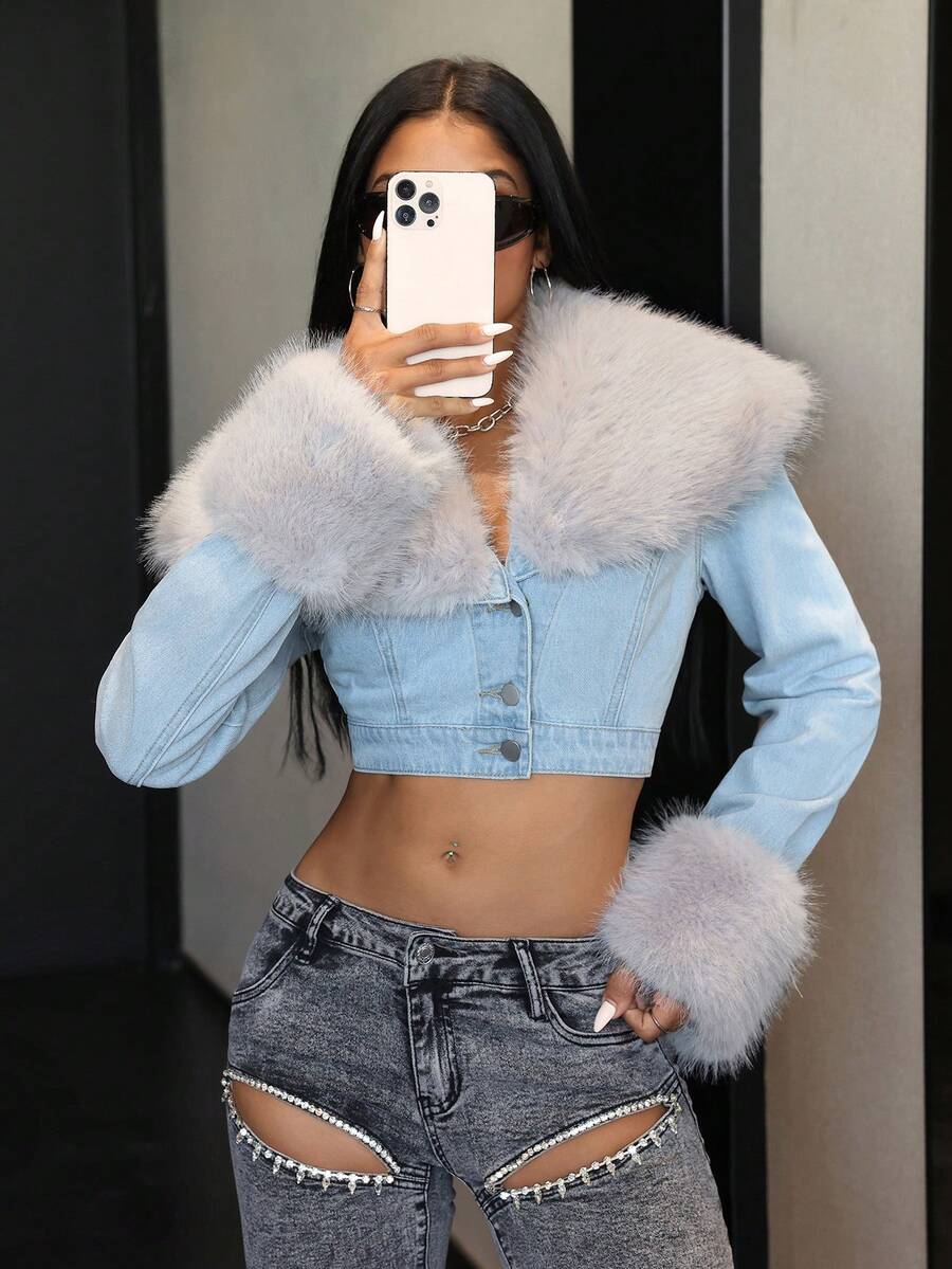 Jeanoix Women's Casual Y2K Faux Fur Collar Denim Jacket And Coat - Light Wash - View 1