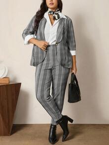 Zelara Plus Size Casual/Office Minimalist Blazer And Pants 2 Pieces Suit Set Casual Sets For Women Casual Outfit For Women Thanksgiving Outfit For Women Fall Outfits For Women Women's Winter Clothes Party Outfit Thanksgiving Winter Clothes New Year Outfit  Casual Sets For Women  Casual Blouses For Ladies Plaid - Black and White - View 10