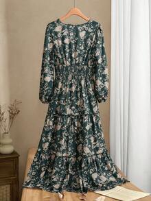 EMERY ROSE 女士花卉印花长袖连衣裙，休闲日常穿着，秋冬 - 綠色 - 查看 2