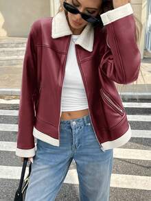 Serisse Women's Casual PU Leather Jacket With Faux Fur Trim Zipper Front, Autumn Winter Christmas New Year Red Burgundy - Burgundy - View 3