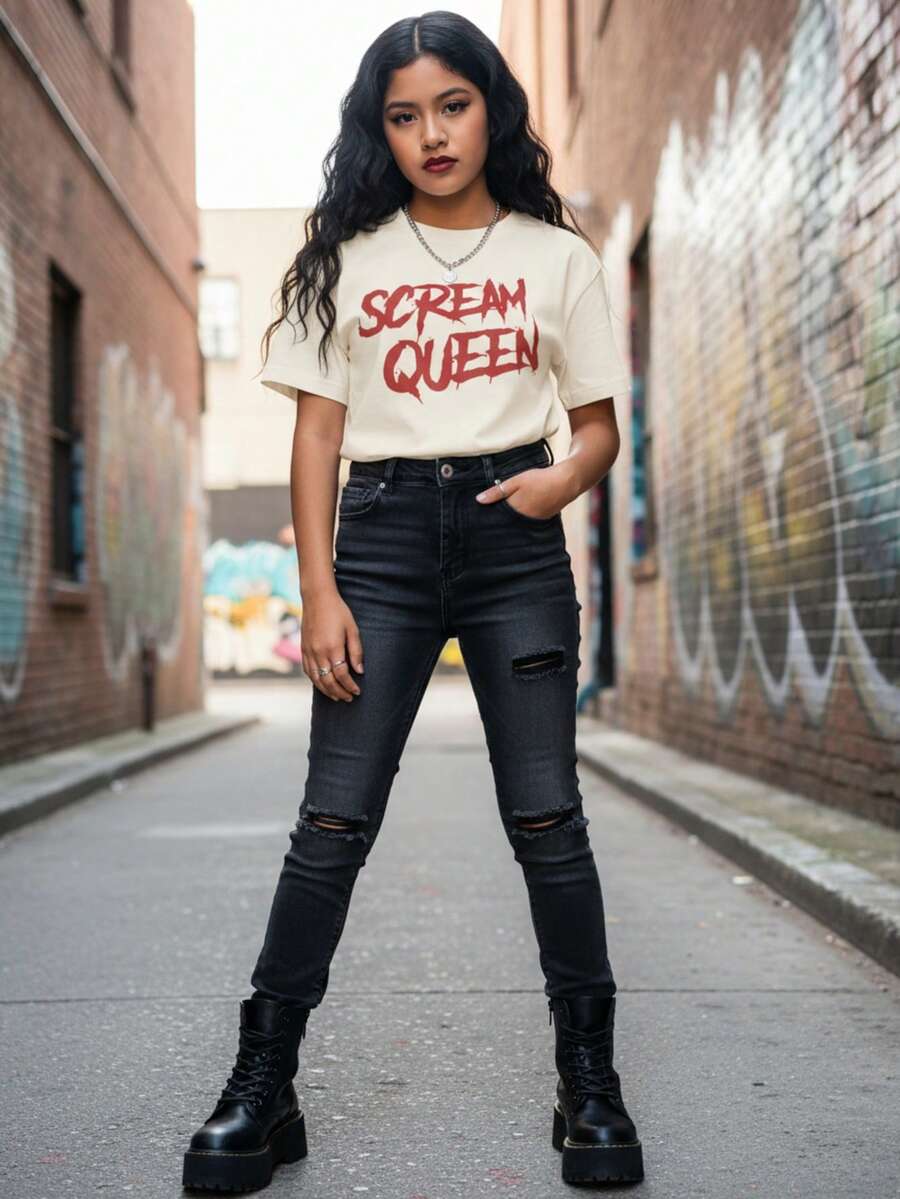 Mujer camiseta estilo urbano gráfico holgada cuello redondo manga corta primavera-verano uso diario - Blanco - Ver 1