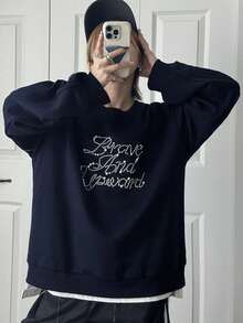 FRIFUL Áo nỉ cổ tròn dáng rộng dành cho nữ có họa tiết chữ ngọc trai giả, lớp lót nhiệt dày - Màu xanh hải quân - Xem 3