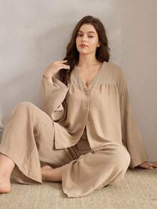 Ocili Bộ đồ ngủ tay dài màu trơn cỡ lớn và quần dài, quần áo mùa đông - Lạc đà - Xem 1