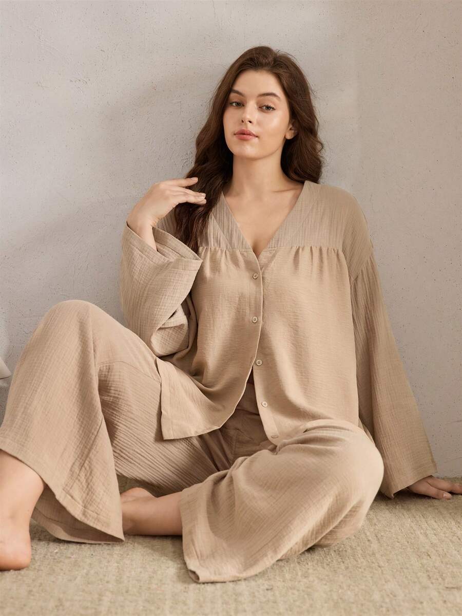 Ocili Bộ đồ ngủ tay dài màu trơn cỡ lớn và quần dài, quần áo mùa đông - Lạc đà - Xem 1