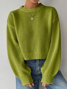 SHEIN LUNE Áo len nữ cổ tròn tay dài màu trắng đơn giản, thoải mái - màu xanh lá - Xem 5