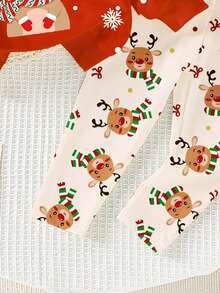 SHEIN 1 套女婴休闲秋季服装，圣诞节可爱驯鹿和雪花印花长袖圆领运动衫和紧身裤套装，适合秋冬外出和圣诞假期 - 彩色 - 查看 4