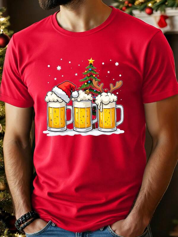 Manfinity RelaxMax T-shirt graphique à col rond et manches courtes décontracté pour Noël pour hommes, polyvalent pour l'été