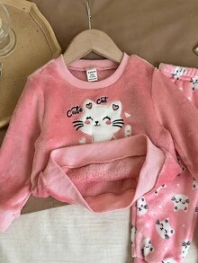Baby Girl Cute Furry Cartoon Pattern Long Sleeve Top And Pants Pajama Set, Autumn/Winter