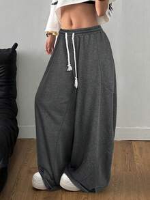 SHEIN Tall CURVE 加大码女式街头休闲装 加大码松紧腰带舒适灰色弯刀裤 - 灰色 - 查看 5