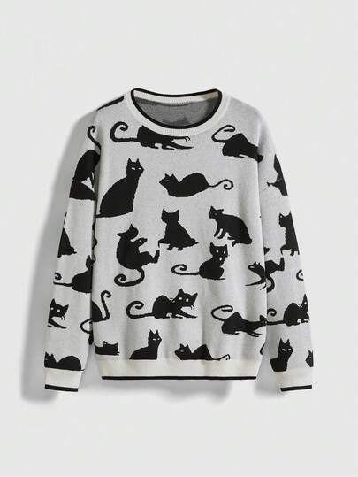 ROMWE Avant Suéter holgado y casual de mujer con estampado de gato lindo