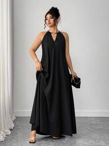 SHEIN Tall CURVE Never Out Of Style, Kooky Elegance Collection (Woe Is Me Vibes)(Wednesday Aesthetic) Plus Size Women Woven Casual Halter Loose Black Dress For Tall