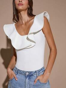 SHEIN BAE White Ruffled Collar Bodysuit, Sexy Minimalist Solid Color, Sweet Cute Y2K Style, Suitable For Party, Cocktail, Formal Occasion, Bridesmaid, Birthday, Christmas, Business Casual - White - View 5