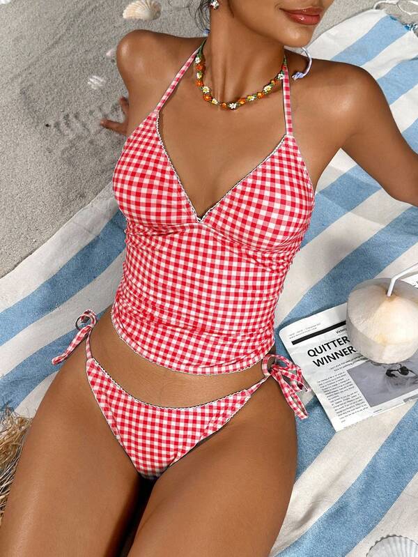 Swim Mod Conjunto de bikini a cuadros de cereza dulce