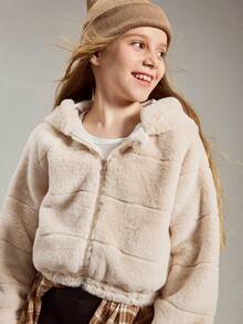 SHEIN Dziewczęca, swobodna, modna, specjalna, tkana, pluszowa, w paski, z sierścią królika, z elastycznymi mankietami i dołem, krótka kurtka z kapturem, podszewka z tkanej tkaniny, dopasowany krój, wygodna na jesień/zimę, na co dzień, do pracy, na zewnątrz, na imprezę, na sesję zdjęciową, na zakupy