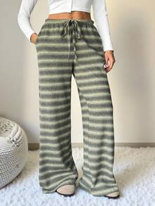 SHEIN Tall Bộ quần ống rộng cạp thấp đơn giản thoải mái cho nữ Bộ quần sọc Bộ quần thoải mái Bộ quần dài mặc nhà cho nữ - màu xanh lá - Xem 12