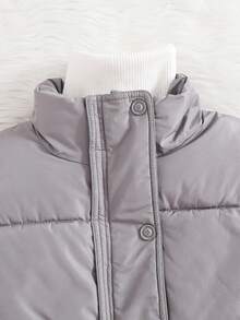 SHEIN Tween Girl Solid Color Long Sleeve Zipper Front Casual Loose Winter Jacket - Light Grey - View 3