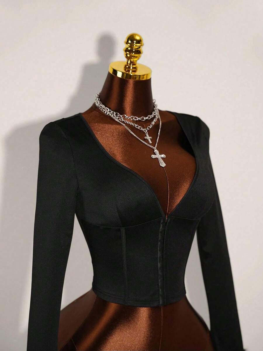 Amplova Chaqueta ajustada con botones metálicos y flecos para otoño/invierno - Negro - Ver 1
