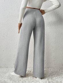 SHEIN Frenchy Women's Long Rib-Knit Straight Leg Pants In Light Grey Fabric Wide Leg Pants Summer - Light Grey - View 2