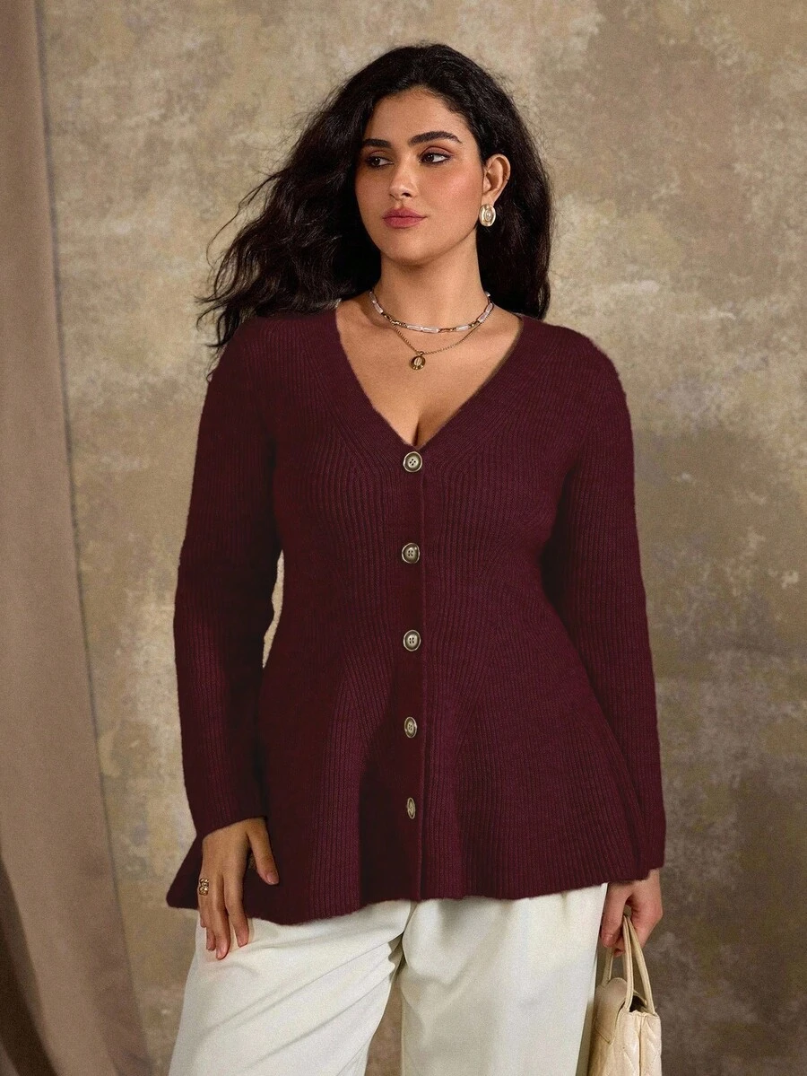 Roveilla 女士 V 领纯色宽松大码开衫，中长款针织上衣 - 酒紅色 - 查看 1