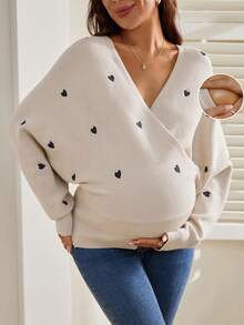 SHEIN 孕妇休闲心形刺绣蝙蝠袖毛衣，秋冬 - 卡其色 - 查看 4