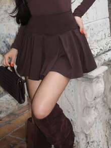 Durrani Popal 女士纯色针织可爱运动百褶迷你裙 - 棕色 - 查看 4