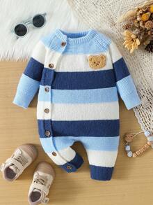 SHEIN 新生儿撞色可爱熊毛衣连体衣 - 彩色 - 查看 3