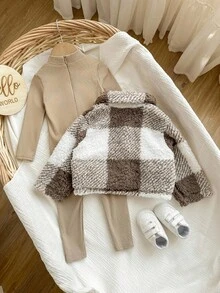 Babygirl Cute Plaid Jacket & Knitted Jumpsuit Set, Autumn/Winter