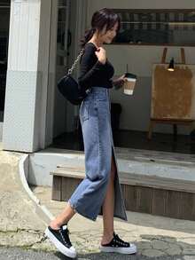 Dazy Tall 高个女式休闲牛仔半身裙，侧开衩设计，街头风 - 中等水洗藍 - 查看 5