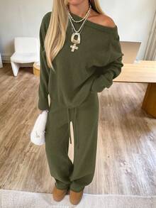 CovetEZ Set di maglione e pantaloni in maglia a tinta unita, con spalla obliqua, casual per donna - Verde militare - Visualizzare 5