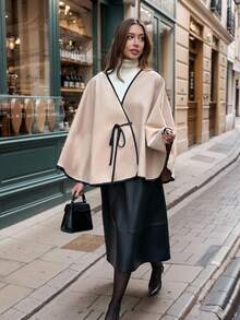 Chiquease Women's Tie Front Woolen Cloak Jacket, Waist Cinched, Fashion & Versatile - Khaki - View 6