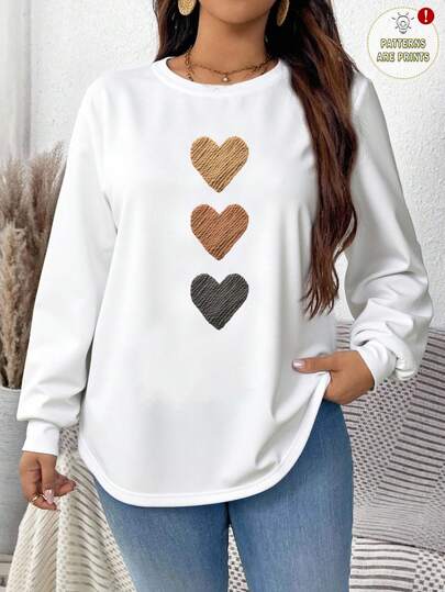 EMERY ROSE Sudadera holgada de felpa blanca con estampado de corazón, textura degradada minimalista, talla grande, bajo curvo, adecuada para otoño/invierno