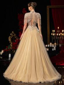 Glamrae Petite Đầm dạ hội trễ vai trang trọng dành cho nữ (được trang trí cầu kỳ) - Màu Khaki - Xem 4