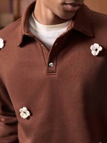 SWAVVY Áo thun polo tay dài trễ vai, dáng rộng, họa tiết hoa 3D cho nam - màu nâu - Xem 5