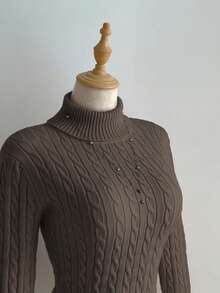 Elamini Áo len dệt kim cổ cao có dây rút thường ngày cho nữ/bé gái - Lạc đà - Xem 5