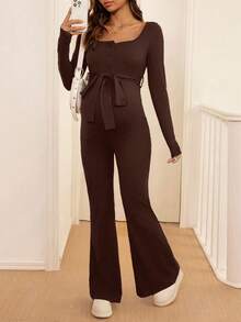 SHEIN Bộ đồ liền thân cổ vuông lưng thun trơn màu cho bà bầu - Cà phê nâu - Xem 3