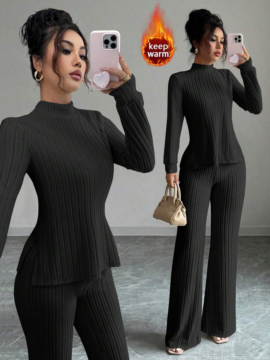 Elenzga 女士休闲长袖T恤长裤两件套，带保暖内衬，秋冬季 - 黑色 - 查看 1