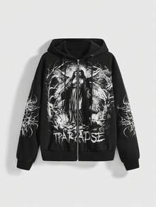 ROMWE Grunge Punk 女式休闲朋克圣母玛利亚与荆棘印花抽绳连帽羊毛运动衫，秋冬 - 黑色 - 查看 10