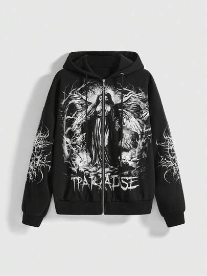 Grunge Punk Sweat-shirt à capuche en polaire à cordon de serrage avec imprimé Vierge Marie et épines, style casual punk pour femmes, automne/hiver