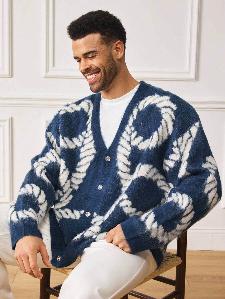EASEVO Plus Size Men's Rope Pattern Drop Shoulder Long Sleeve Casual Knit Cardigan, Autumn/Winter - Navy Blue - View 1