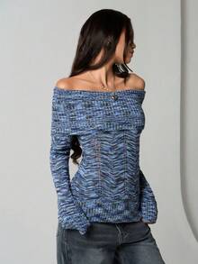 SHEIN TRNDY Pull asymétrique à épaules dénudées pour femme, en maille bleue, coupe ajustée et extensible, idéal pour l'automne/hiver.