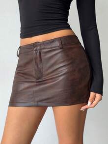 Aloruh Women's Y2K Fashion Low Waist PU Leather Mini Skirt - Coffee Brown - View 5