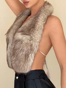 Chiquease Áo croptop cổ yếm buộc dây giả lông thú phong cách Y2K gợi cảm, áo lông thú nữ, áo mở phía trước, áo quàng cổ - màu nâu - Xem 5