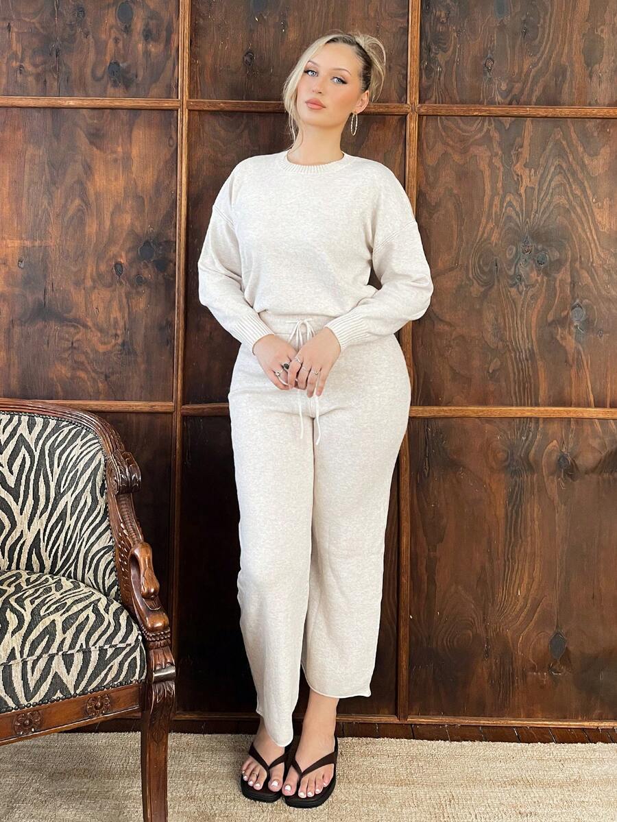 Arliah 2pcs Women Solid Color Round Neck Drop Shoulder Long Sleeve Sweater And Wide Leg Knit Pants Set, Autumn/Winter Fall Cloth For Women - Apricot - View 1