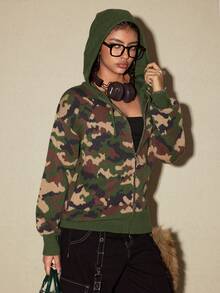 ROMWE Avant 街头时尚迷彩宽松针织连帽女式长袖夹克 - 彩色 - 查看 6