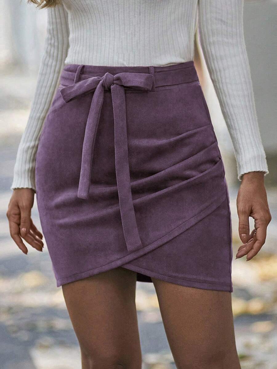 SHEIN LUNE Women's Solid Color Waist Belt Design Ruched Asymmetric Hem Bodycon Mini Skirt - Purple - View 1
