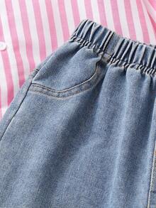 SHEIN 2pcs/Set Tween Girl' Spring/Autumn Striped Long Sleeve Shirt & Loose Light Blue Denim Jeans, Sweet Casual Outfit For Daily Wear - Pink - View 6