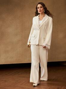 MOTF PREMIUM PLUS SIZE 2 PIECES LACE PATCHWORK SUIT SET, BEIGE FALL - Beige - View 5