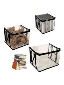 1/3个装大容量透明PVC收纳袋，防水可折叠拉链手提整理袋，带提手，适用于学校、大学宿舍、办公室用品、家居收纳、旅行打包、衣柜收纳等。